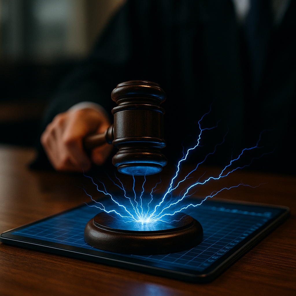 A courtroom gavel striking sparks of electric blue energy over a digital ledger