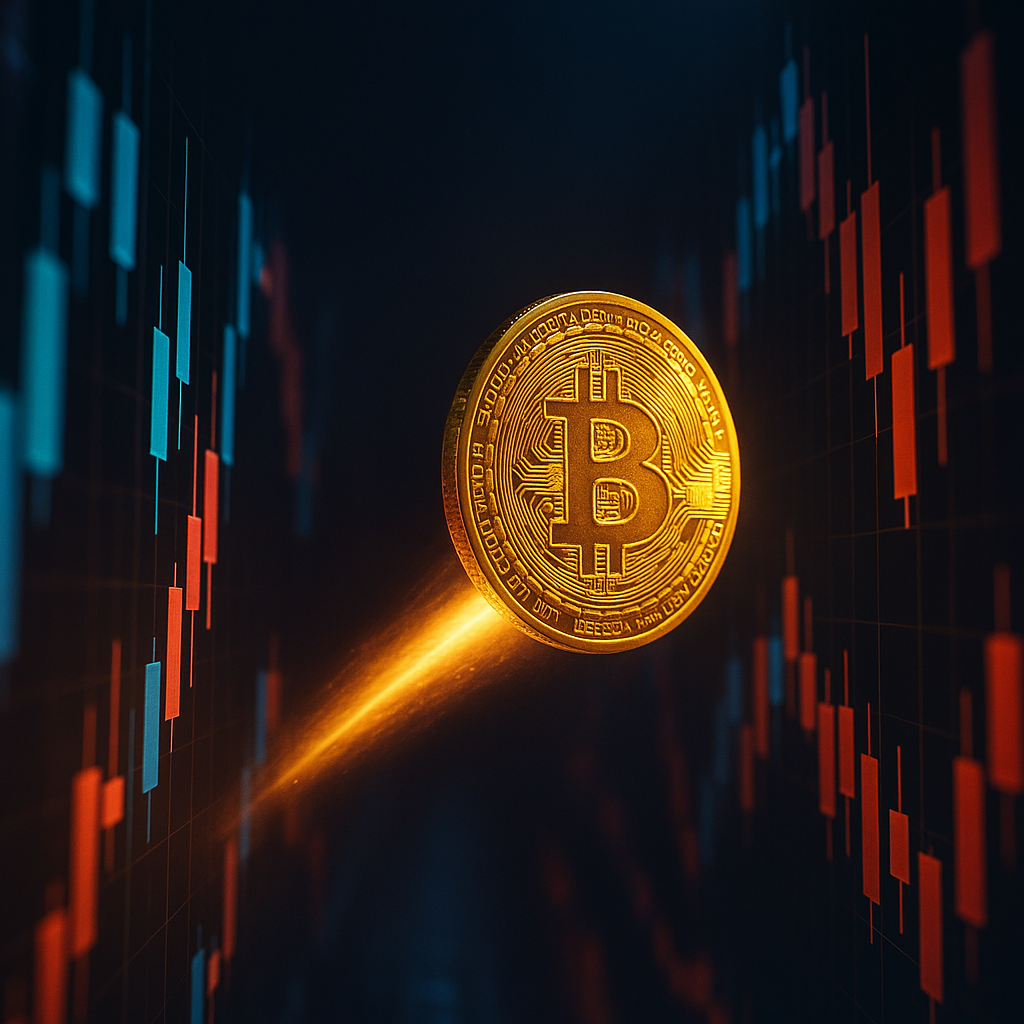 A glowing golden bitcoin rocketing through a neon-lit canyon of price candles