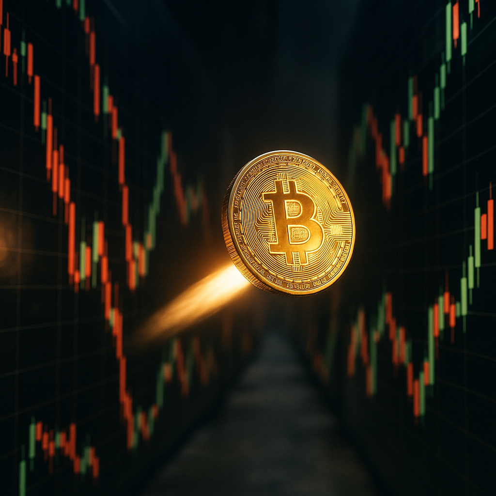 a glowing golden bitcoin rocketing through a neon-lit canyon of price candles
