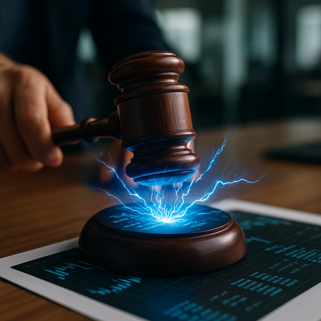 a courtroom gavel striking sparks of electric blue energy over a digital ledger