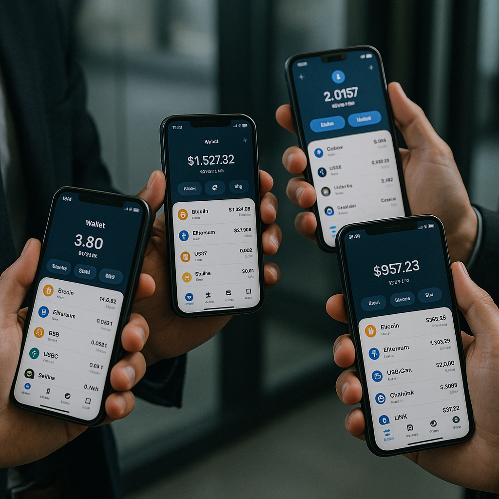 hands on devices showing various cryptocurrency wallets open on mobile apps