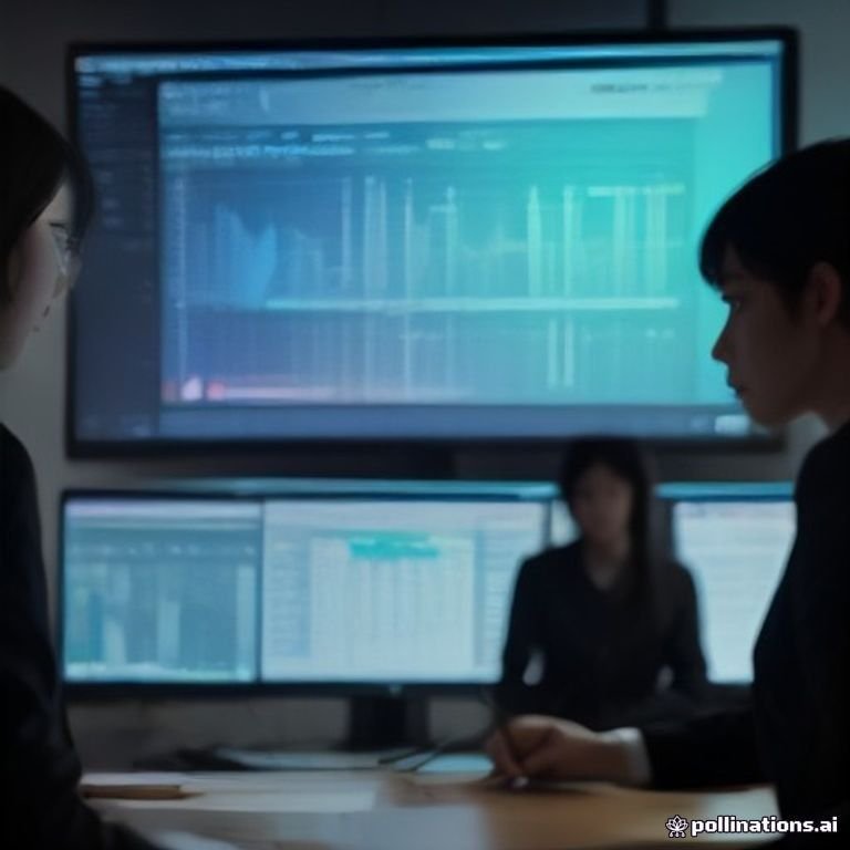 A group of financial analysts studying blockchain graphs and discussing strategic pivots against a backdrop filled with flickering monitors