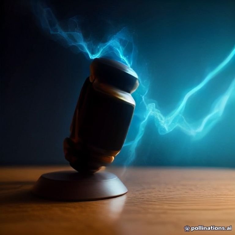 A courtroom gavel striking sparks of electric blue energy over a digital ledger.