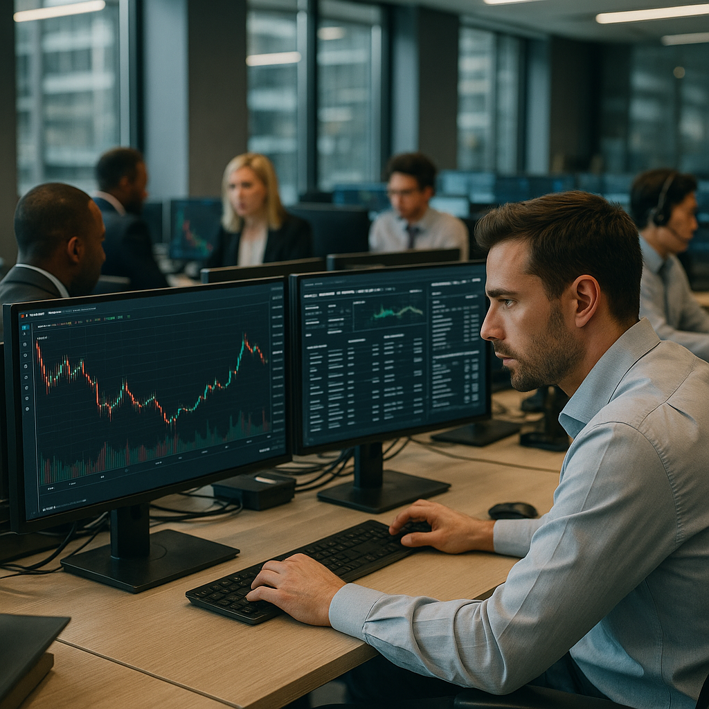 a bustling trading desk with analysts focused on screens displaying Ethereum charts and whale transaction data in a modern financial office