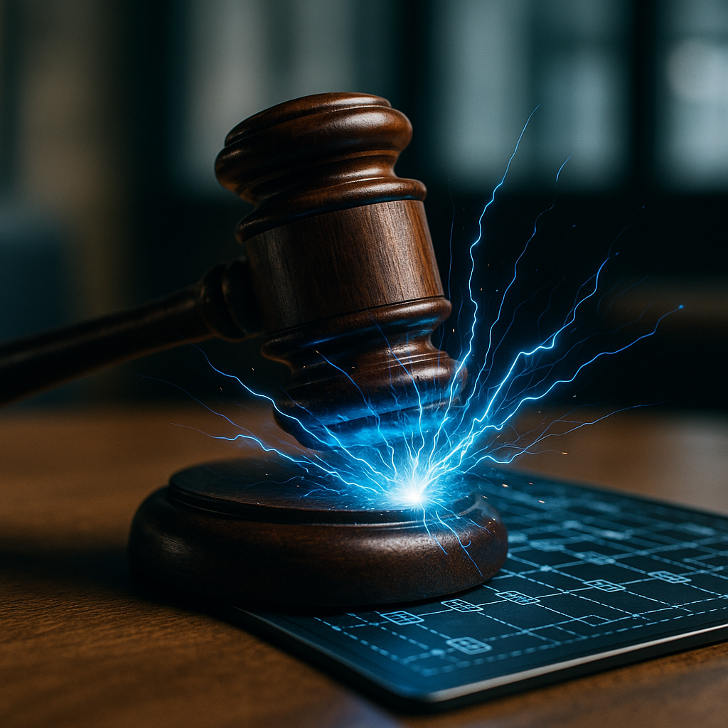 courtroom gavel striking sparks of electric blue energy over a digital ledger