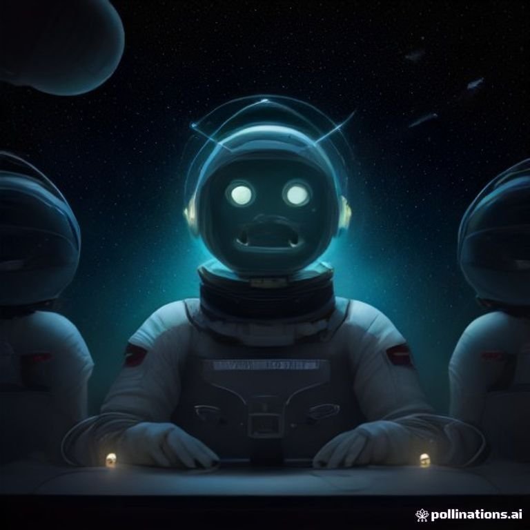 A quirky robot surrounded by floating servers in space laughing as it attempts to untangle wires while wearing a spacesuit