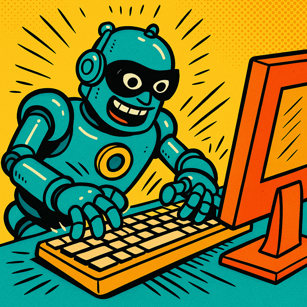 A humorous scene of a robot typing furiously at a keyboard with a tiny hacker mask on.