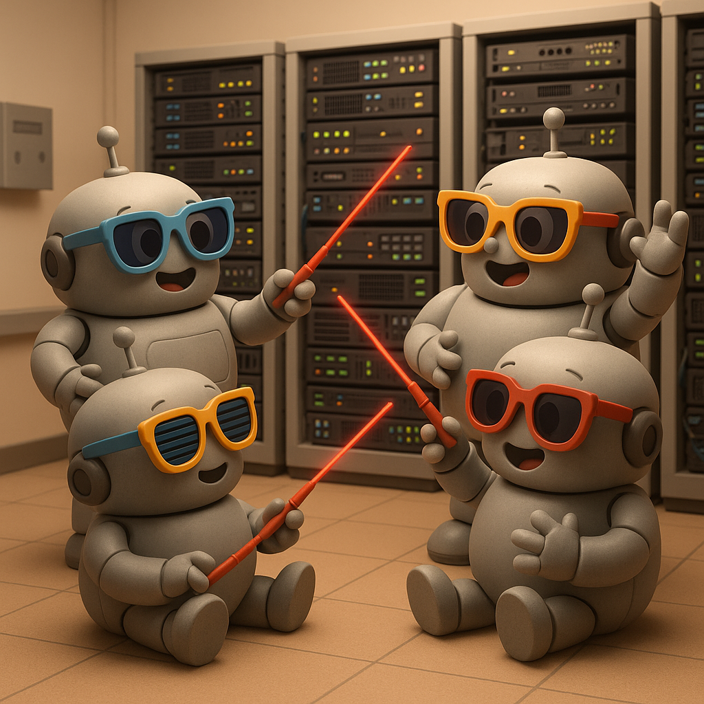 An office server room where robots are discussing plans with laser pointers while wearing funky glasses.