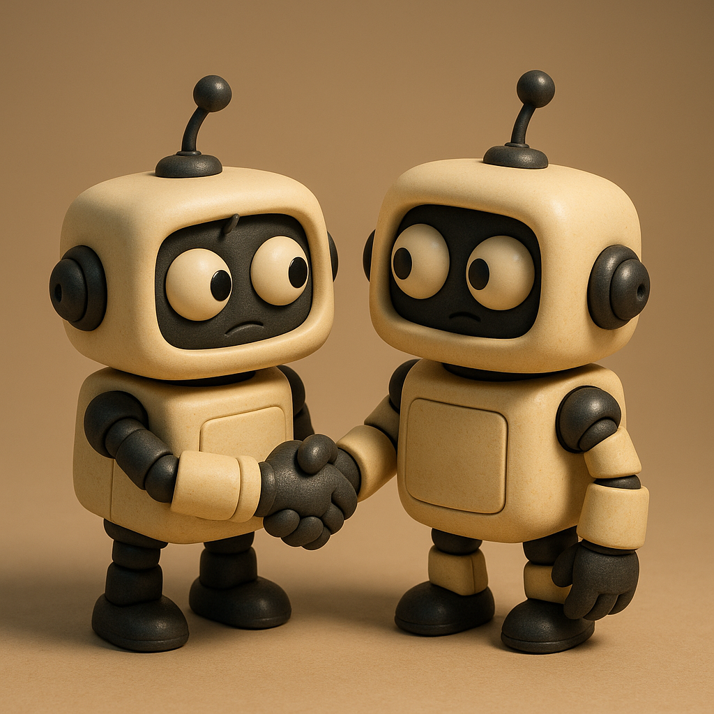Cartoonish chatbots shaking hands while looking around shiftily at their surroundings.