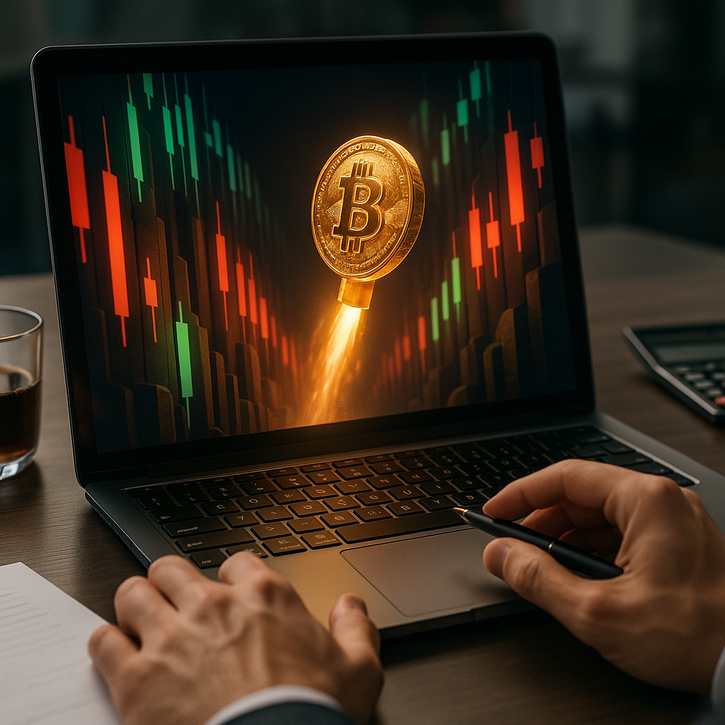 a glowing golden bitcoin rocketing through a neon-lit canyon of price candles