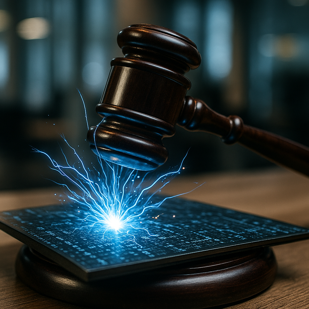a courtroom gavel striking sparks of electric blue energy over a digital ledger
