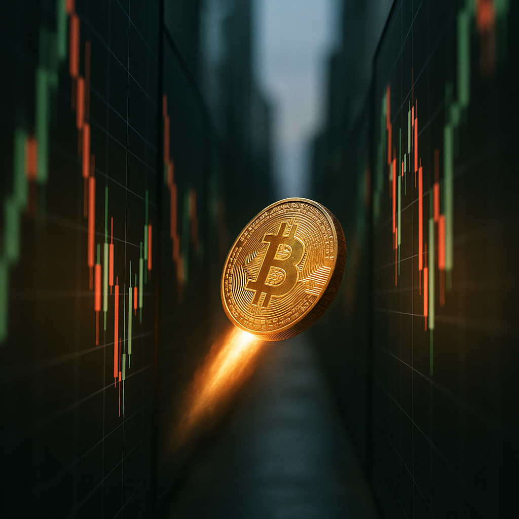a glowing golden bitcoin rocketing through a neon-lit canyon of price candles