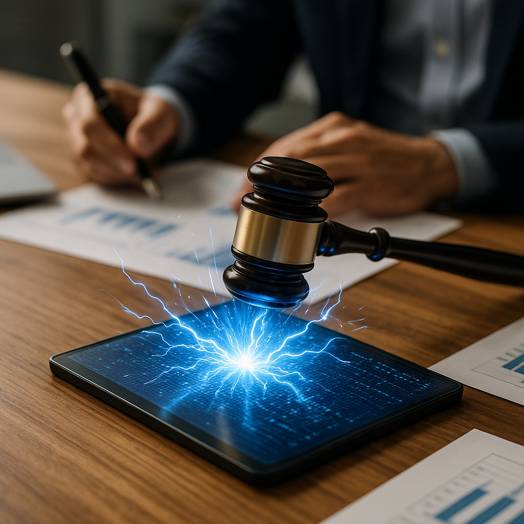 a courtroom gavel striking sparks of electric blue energy over a digital ledger
