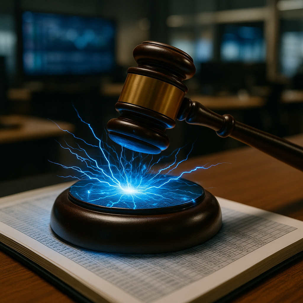 courtroom gavel striking sparks of electric blue energy over a digital ledger