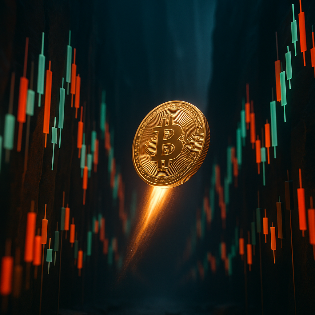 A glowing golden bitcoin rocketing through a neon-lit canyon of price candles