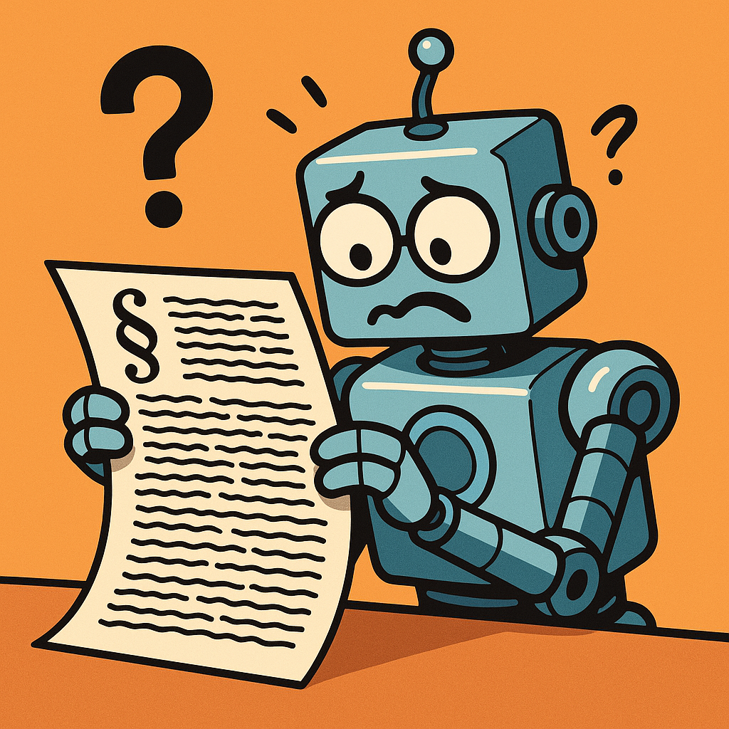 A quirky robot looking confused while trying to read a complex legal document.
