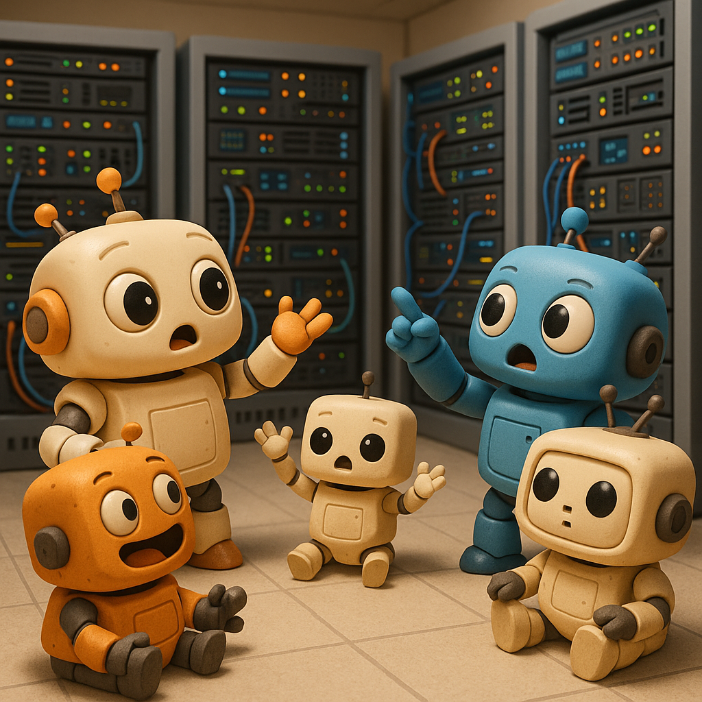 A server room full of quirky robots actively debating ethical AI guidelines.