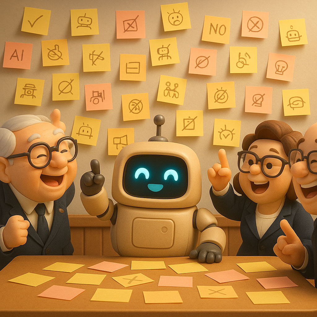 A comedic scene showing government officials enthusiastically brainstorming AI regulations with wild ideas written on sticky notes.