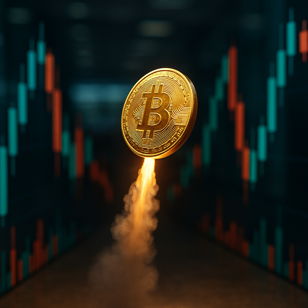 a glowing golden bitcoin rocketing through a neon-lit canyon of price candles