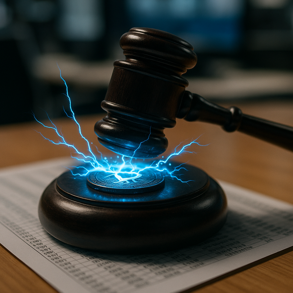 a courtroom gavel striking sparks of electric blue energy over a digital ledger