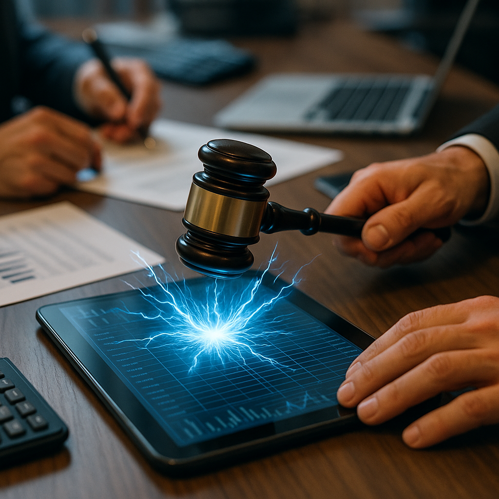 courtroom gavel striking sparks of electric blue energy over a digital ledger