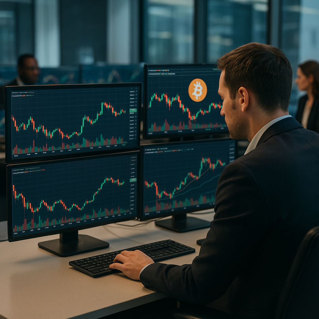 a bustling cryptocurrency trading desk with monitors displaying fluctuating prices and charts