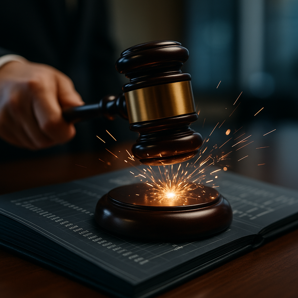 courtroom gavel striking sparks over digital ledger