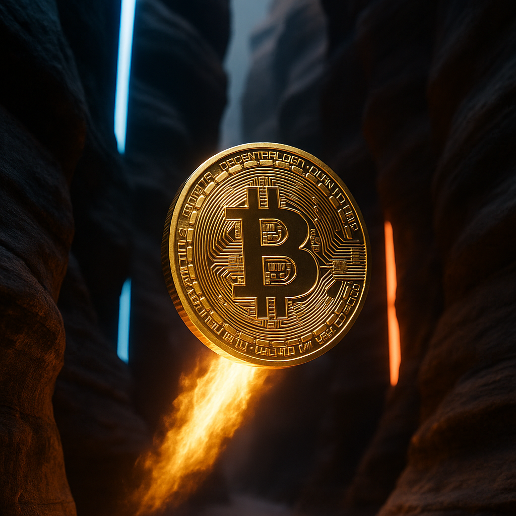 glowing golden bitcoin rocketing through neon-lit canyon
