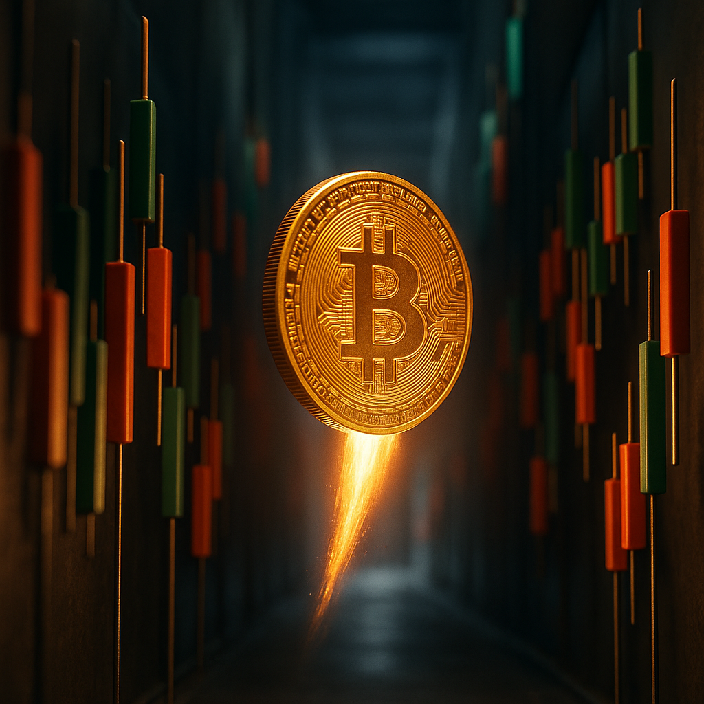 a glowing golden bitcoin rocketing through a neon-lit canyon of price candles