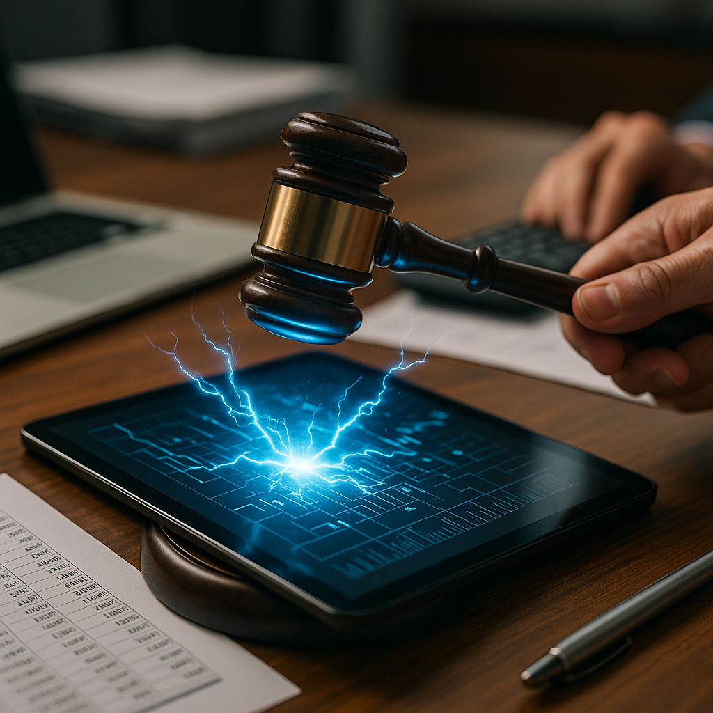 a courtroom gavel striking sparks of electric blue energy over a digital ledger