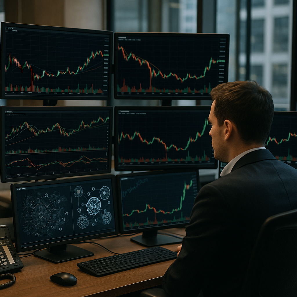 A busy trading desk filled with charts and monitors displaying crypto prices