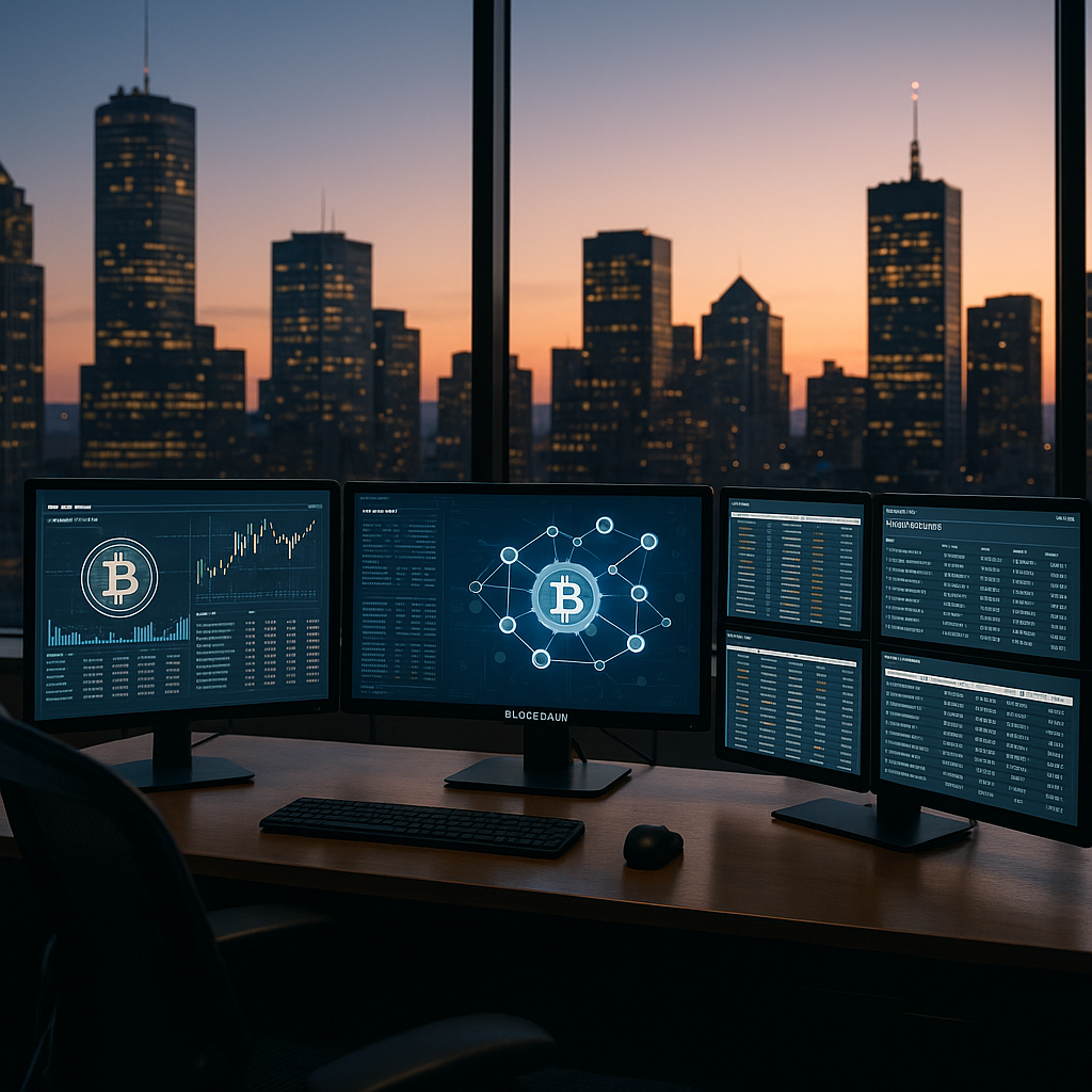 A dynamic city skyline at dusk with a trading desk in the foreground featuring multiple screens displaying blockchain data and mortgage reco