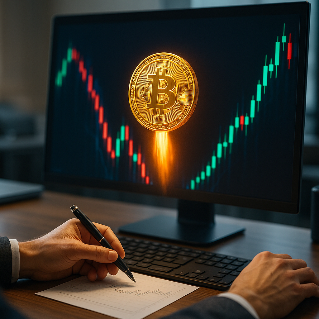 A glowing golden bitcoin rocketing through a neon-lit canyon of price candles