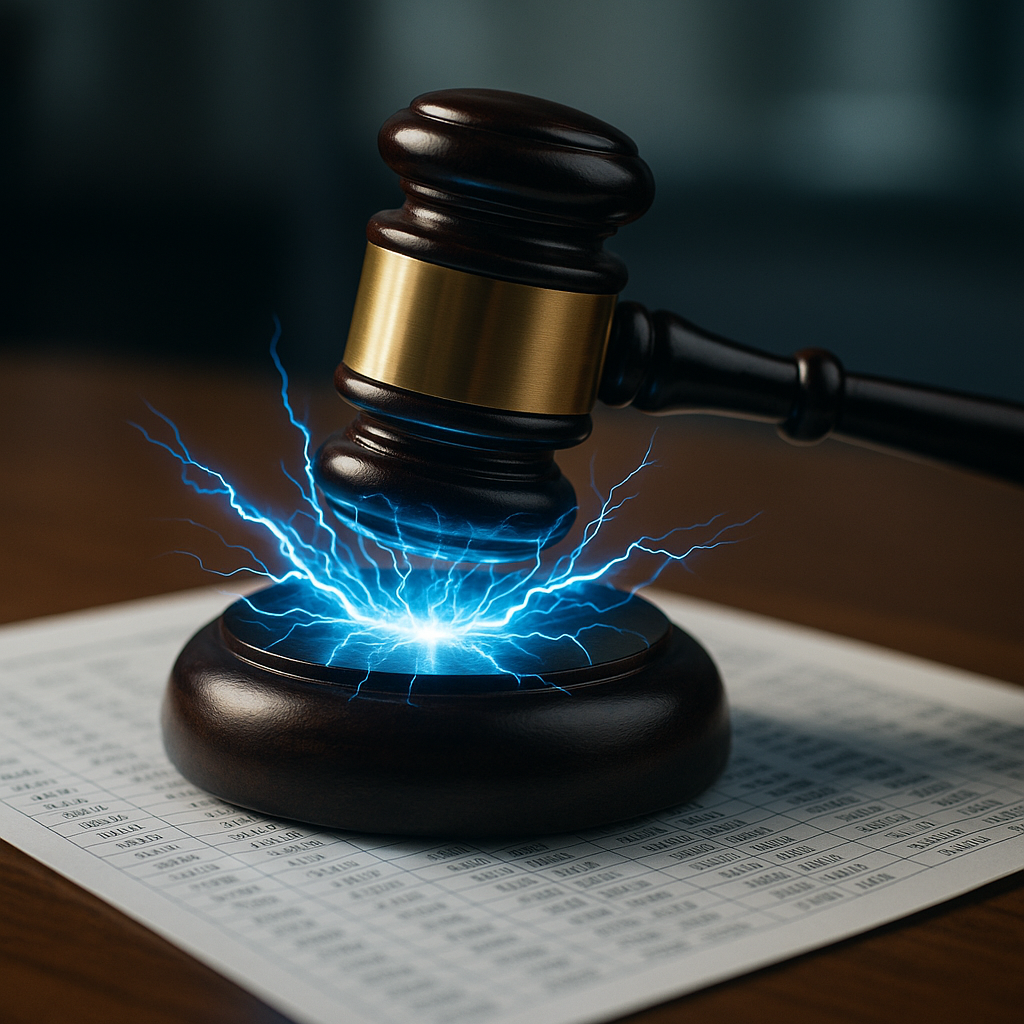 A courtroom gavel striking sparks of electric blue energy over a digital ledger