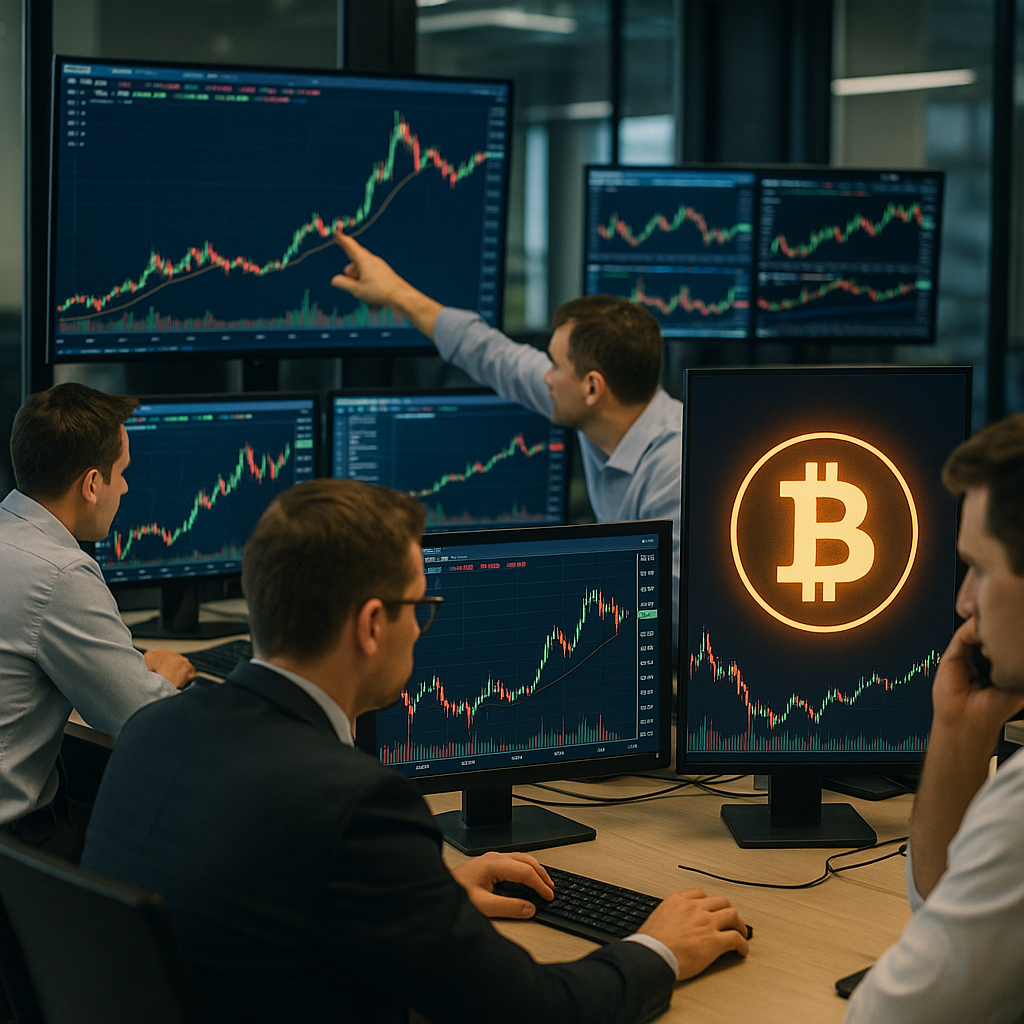 A bustling trading desk with screens displaying Bitcoin prices, traders analyzing charts, and a glowing Bitcoin symbol prominently in view.