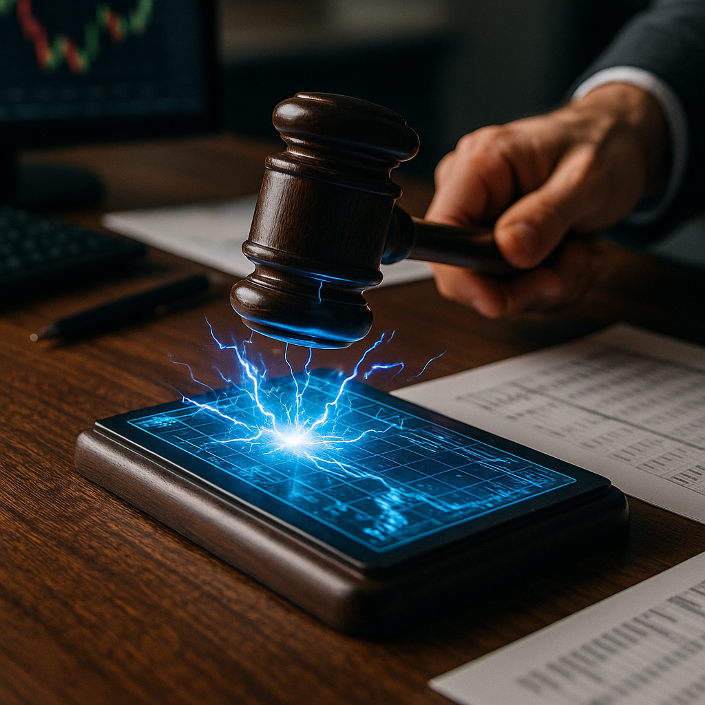 A courtroom gavel striking sparks of electric blue energy over a digital ledger