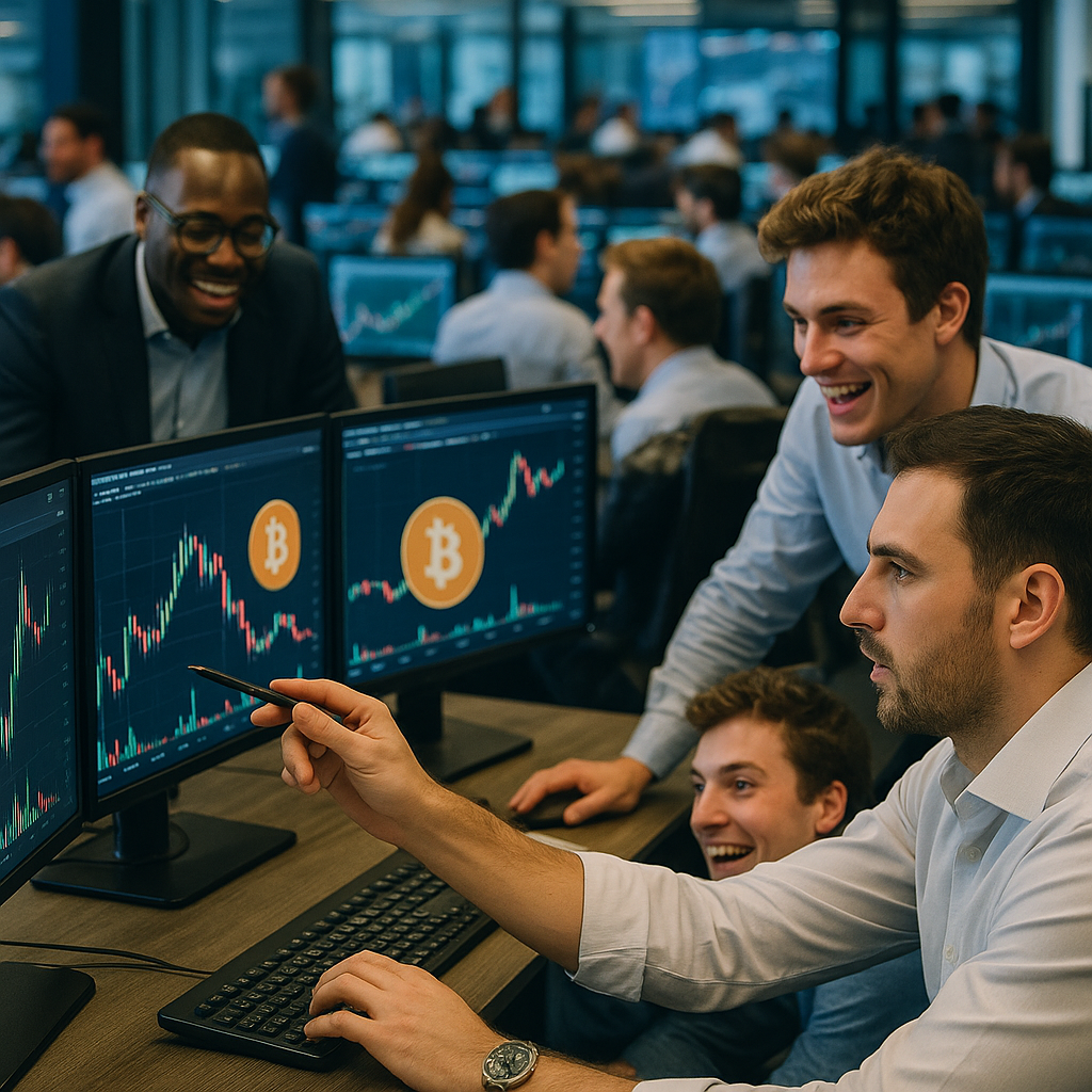 a bustling financial district with traders analyzing charts on multiple screens, showcasing excitement about the latest crypto presale.