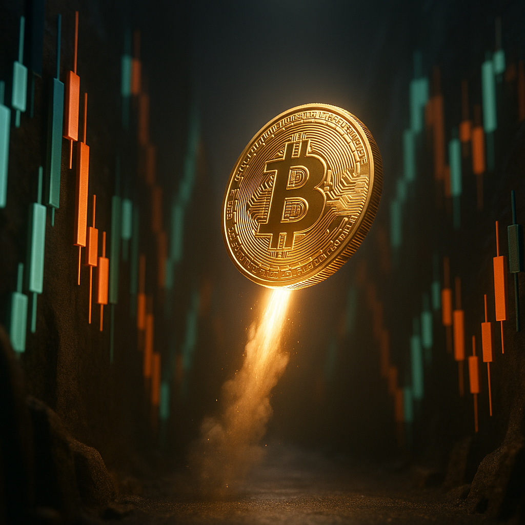 glowing golden bitcoin rocketing through a neon-lit canyon of price candles