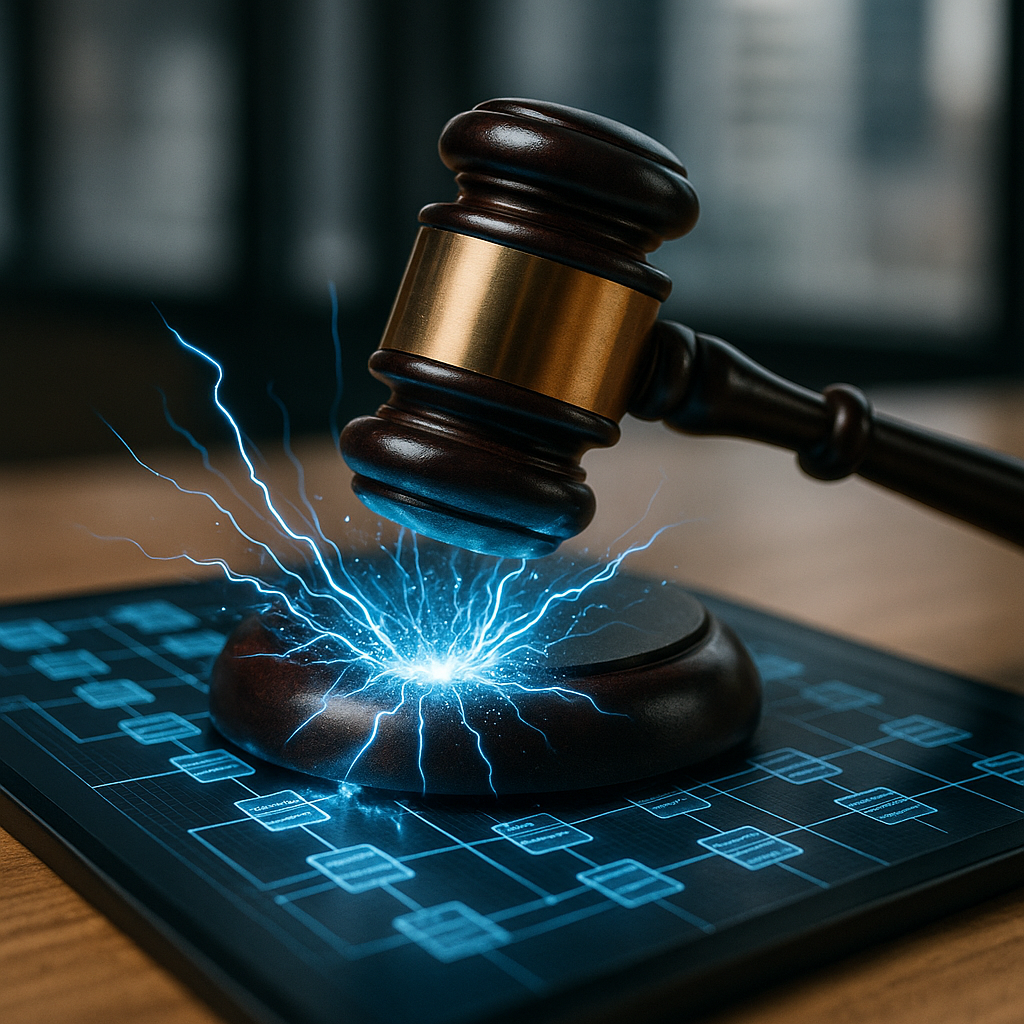 courtroom gavel striking sparks of electric blue energy over a digital ledger