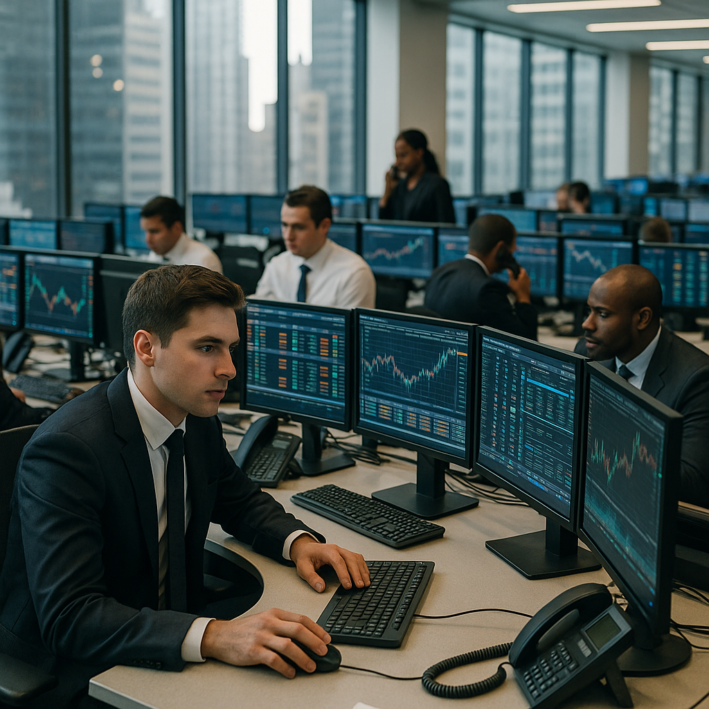 A busy financial district in Manhattan with traders at their desks