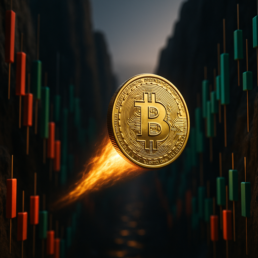 a glowing golden bitcoin rocketing through a neon-lit canyon of price candles