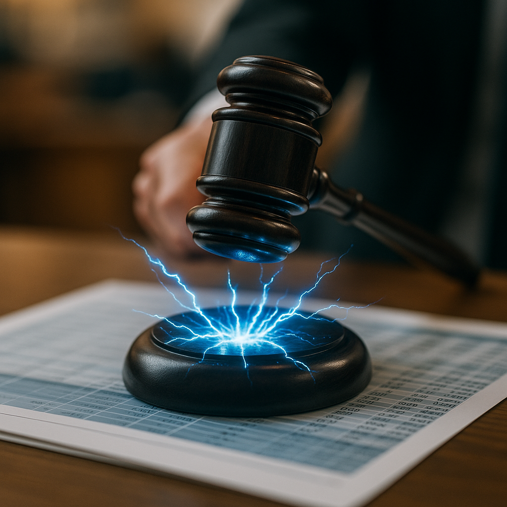 courtroom gavel striking sparks of electric blue energy over a digital ledger