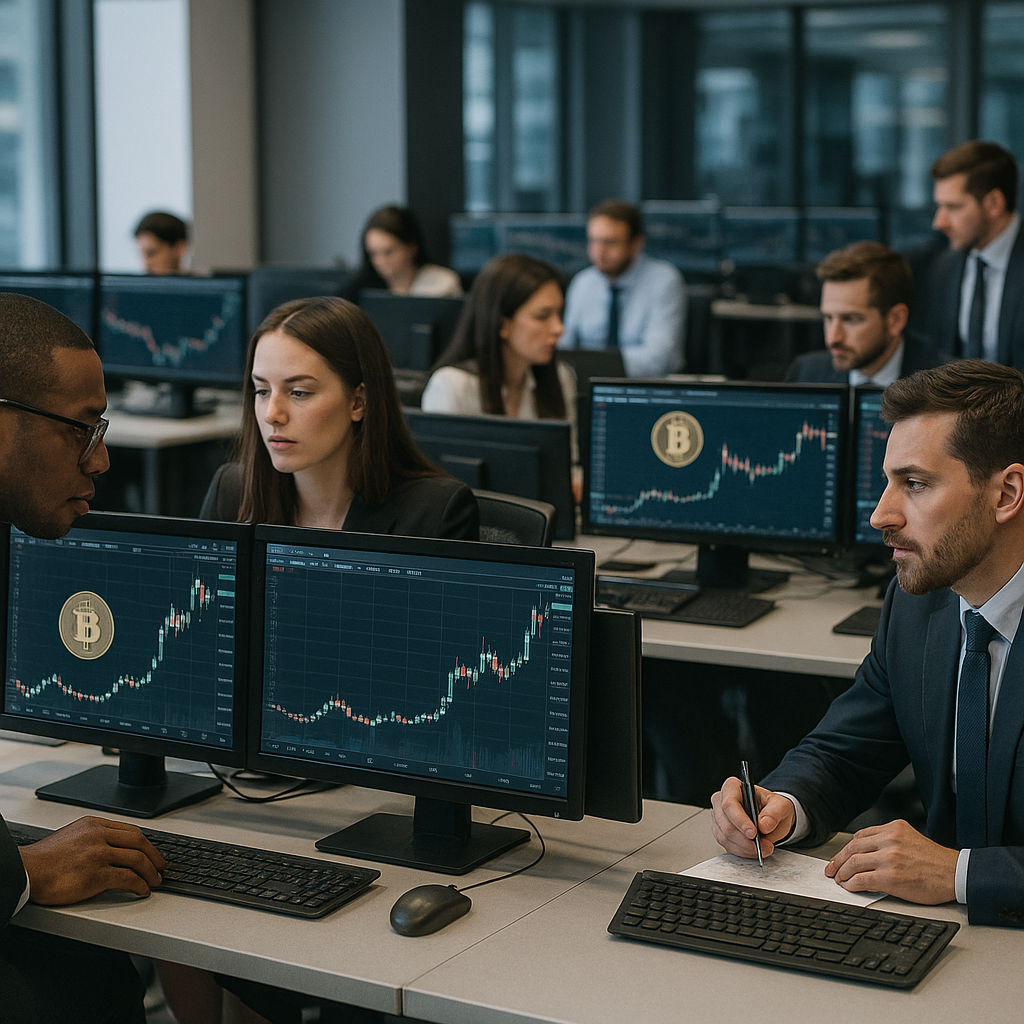 A bustling trading desk filled with financial analysts analyzing trends on monitors