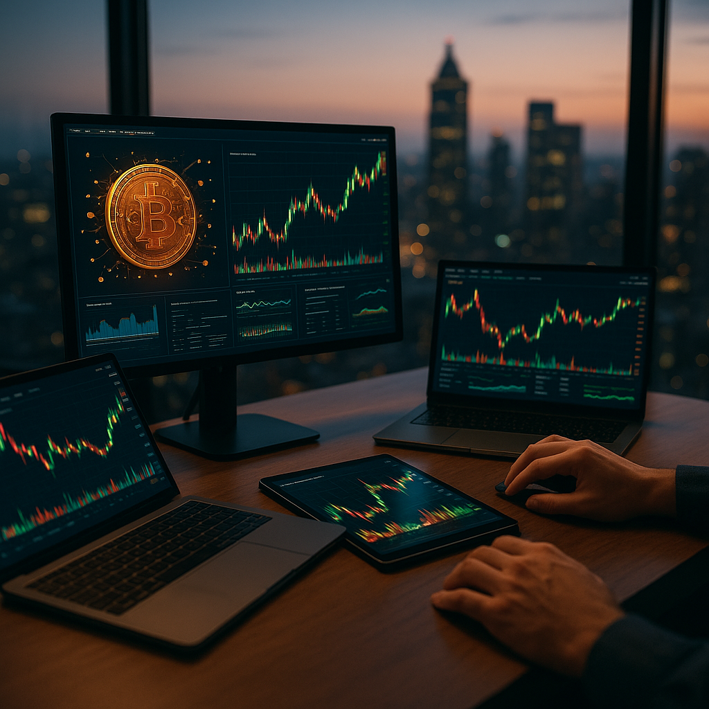 a trading desk filled with digital devices displaying blockchain analytics, vibrant price charts, and the glow of cryptocurrency markets in
