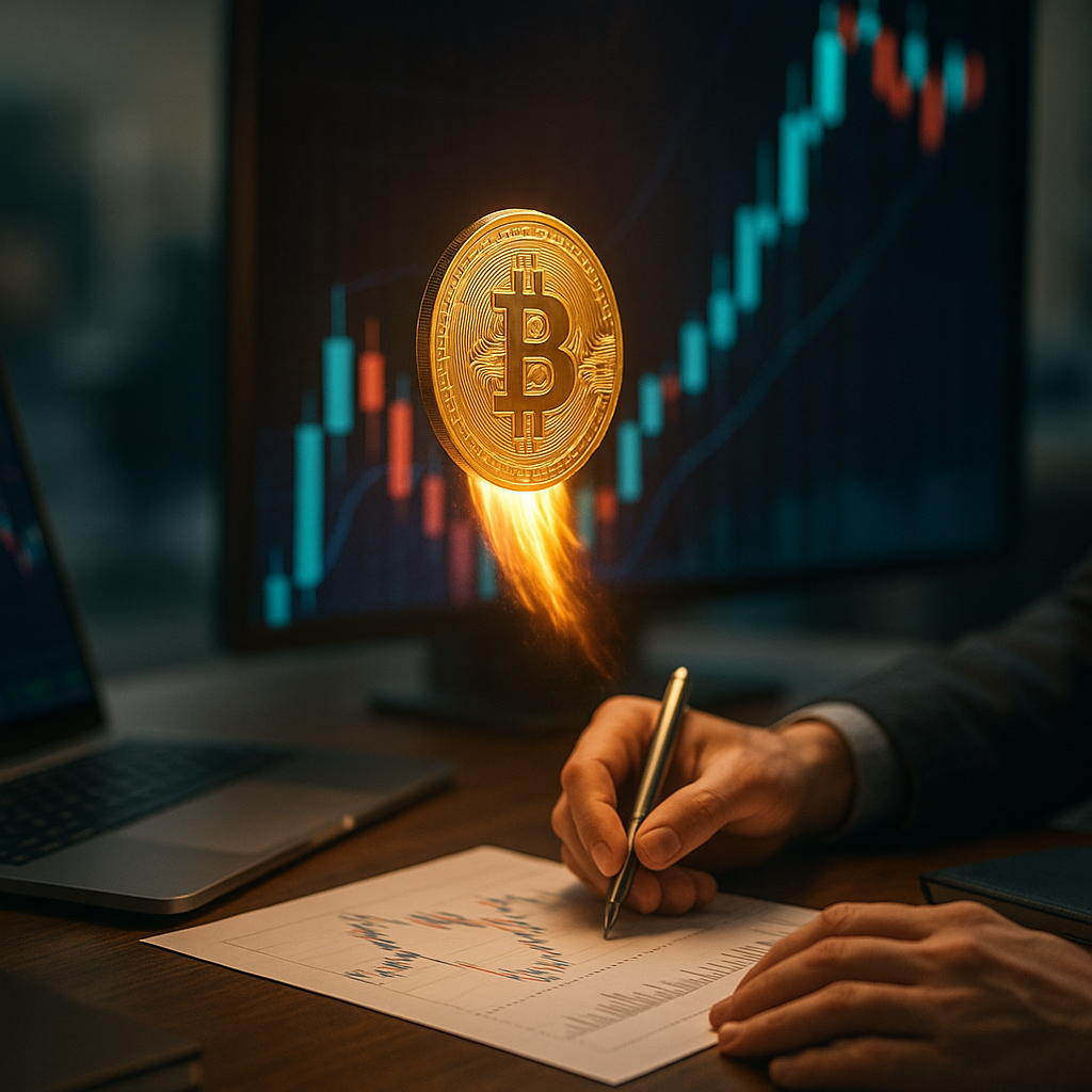 a glowing golden bitcoin rocketing through a neon-lit canyon of price candles