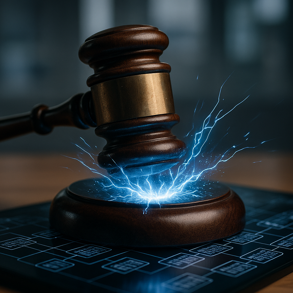 a courtroom gavel striking sparks of electric blue energy over a digital ledger