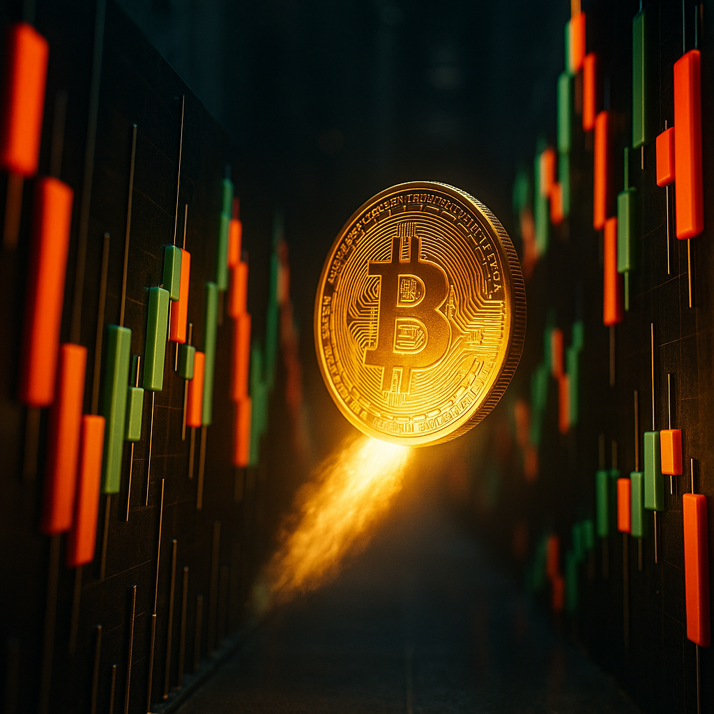 a glowing golden bitcoin rocketing through a neon-lit canyon of price candles