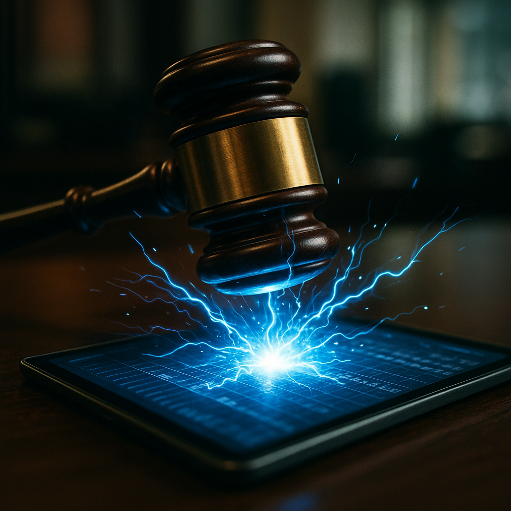 a courtroom gavel striking sparks of electric blue energy over a digital ledger