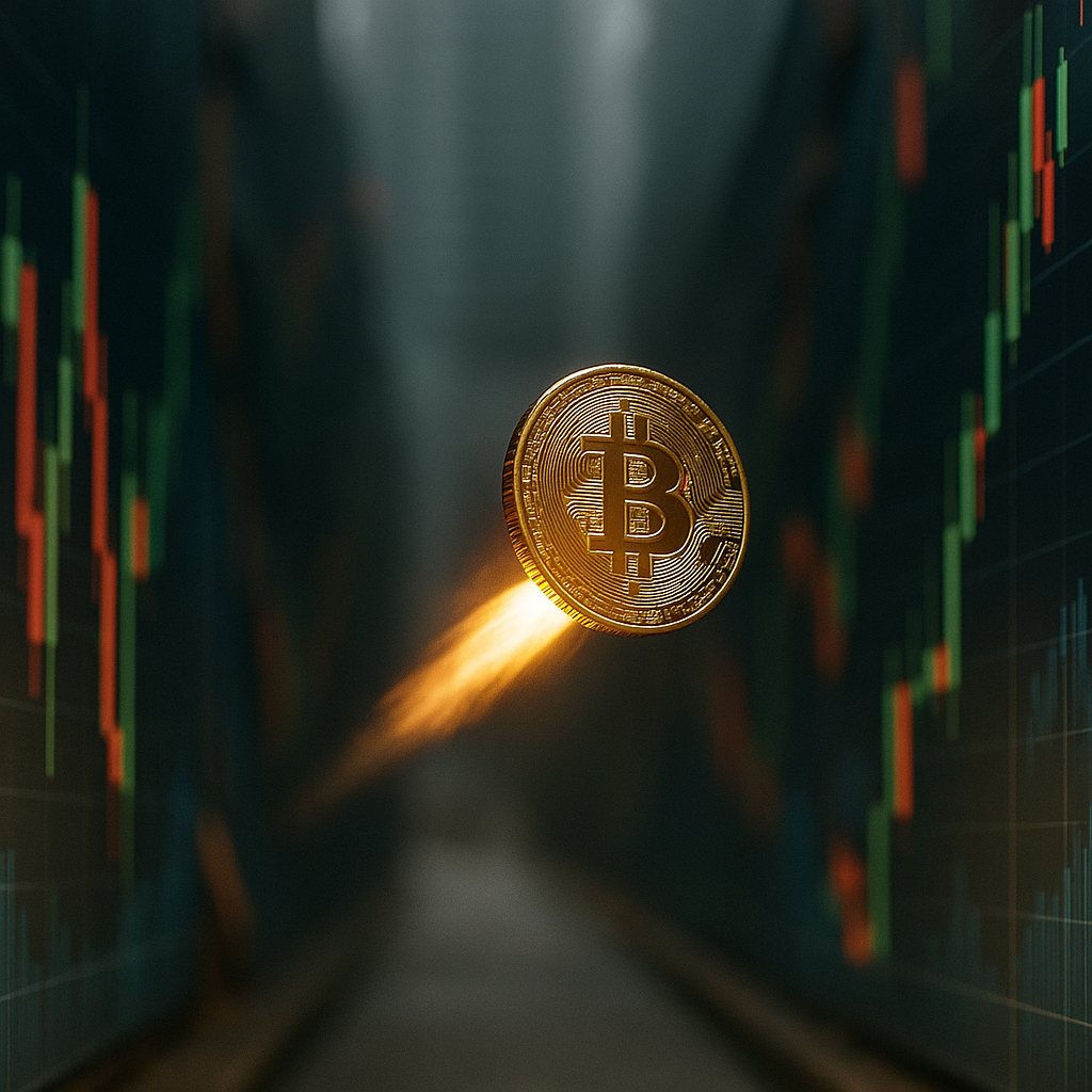 a glowing golden bitcoin rocketing through a neon-lit canyon of price candles