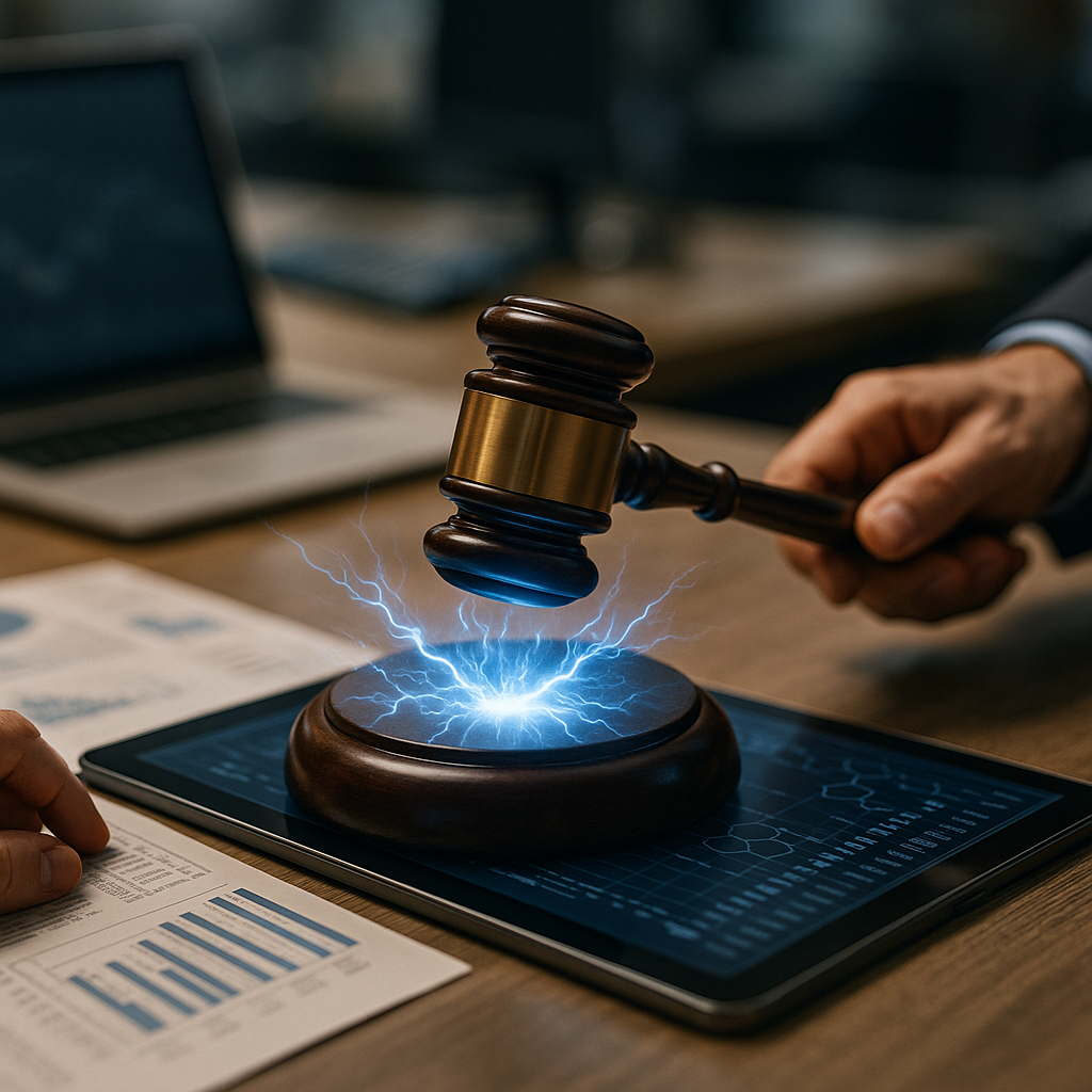 a courtroom gavel striking sparks of electric blue energy over a digital ledger